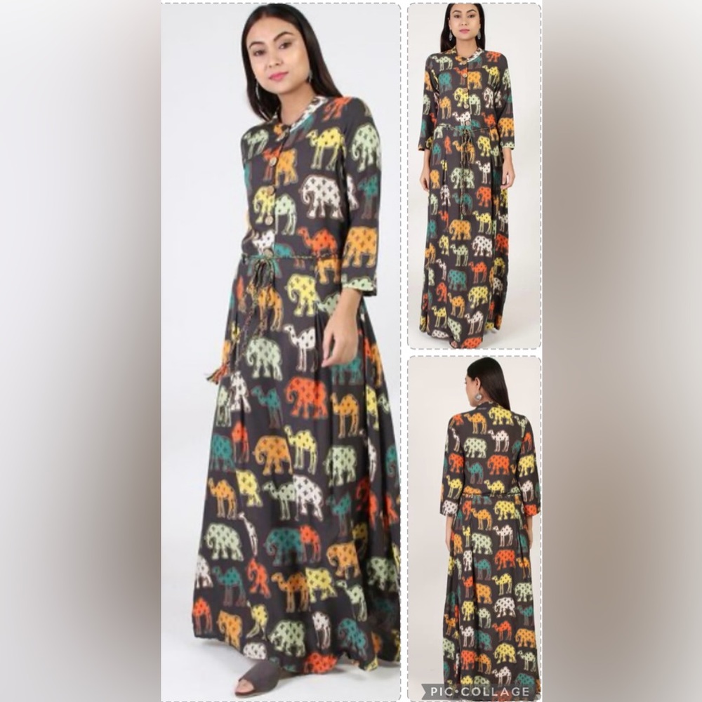 Unbranded Fit and Flare Women Dress Elephant and Camel print 3/4 sleeves, Rayon
